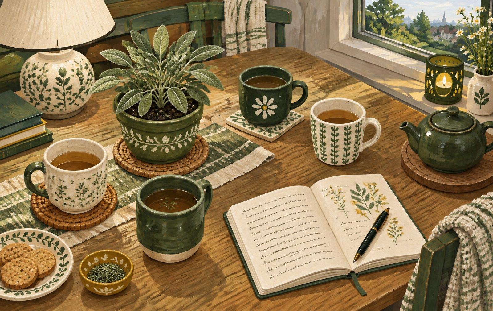 Mugs of tea and an open notebook on a wooden table